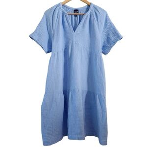 GAP Gauze Tiered Dress 100% Cotton V-Neck Pockets Short Sleeve Baby Blue Small